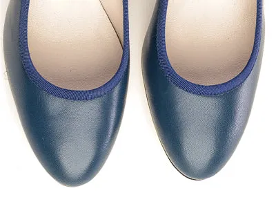 Navy blue leather pump ballet flats with high heel