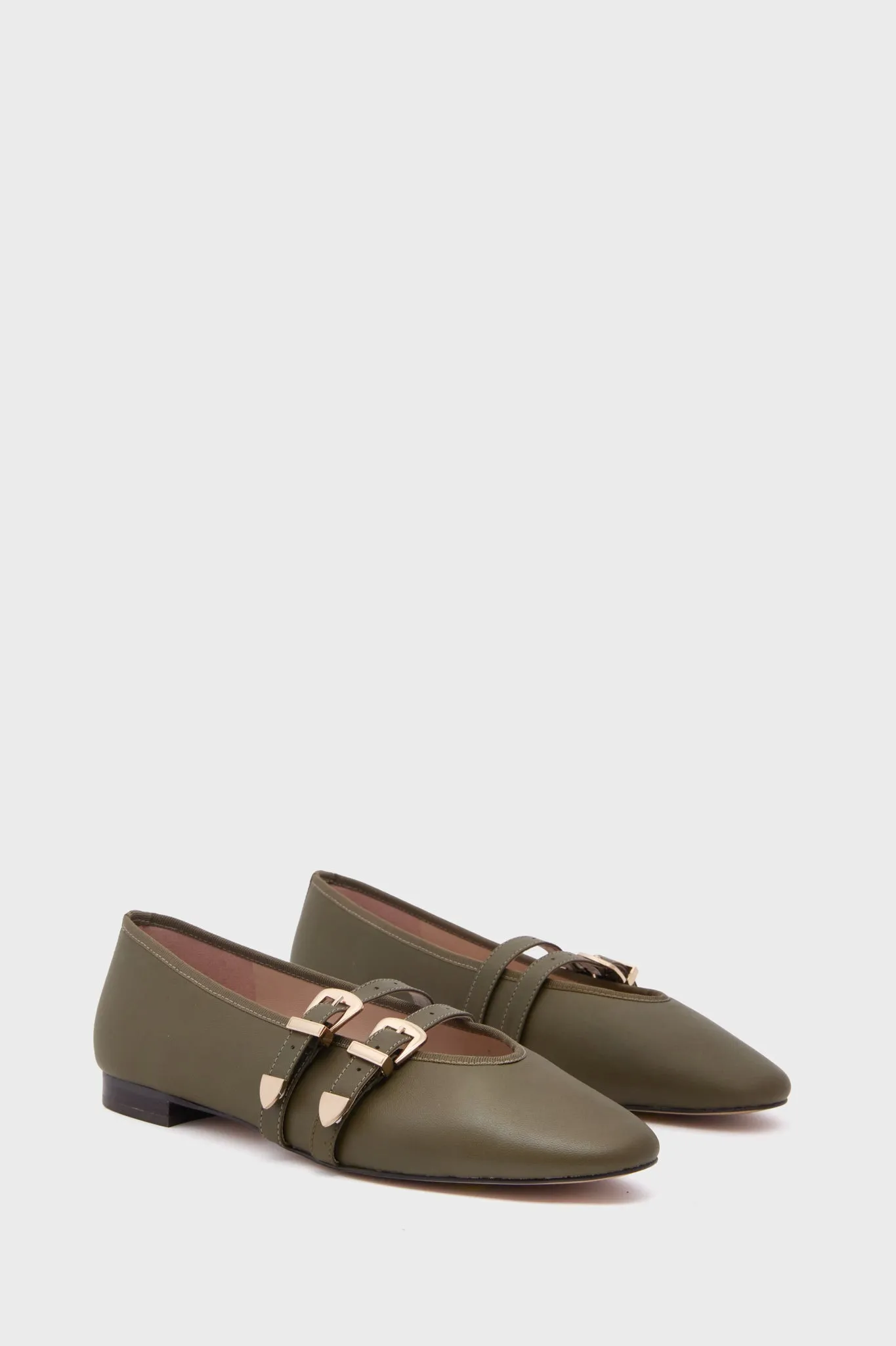 Olive Leather Buckle Nina Flats