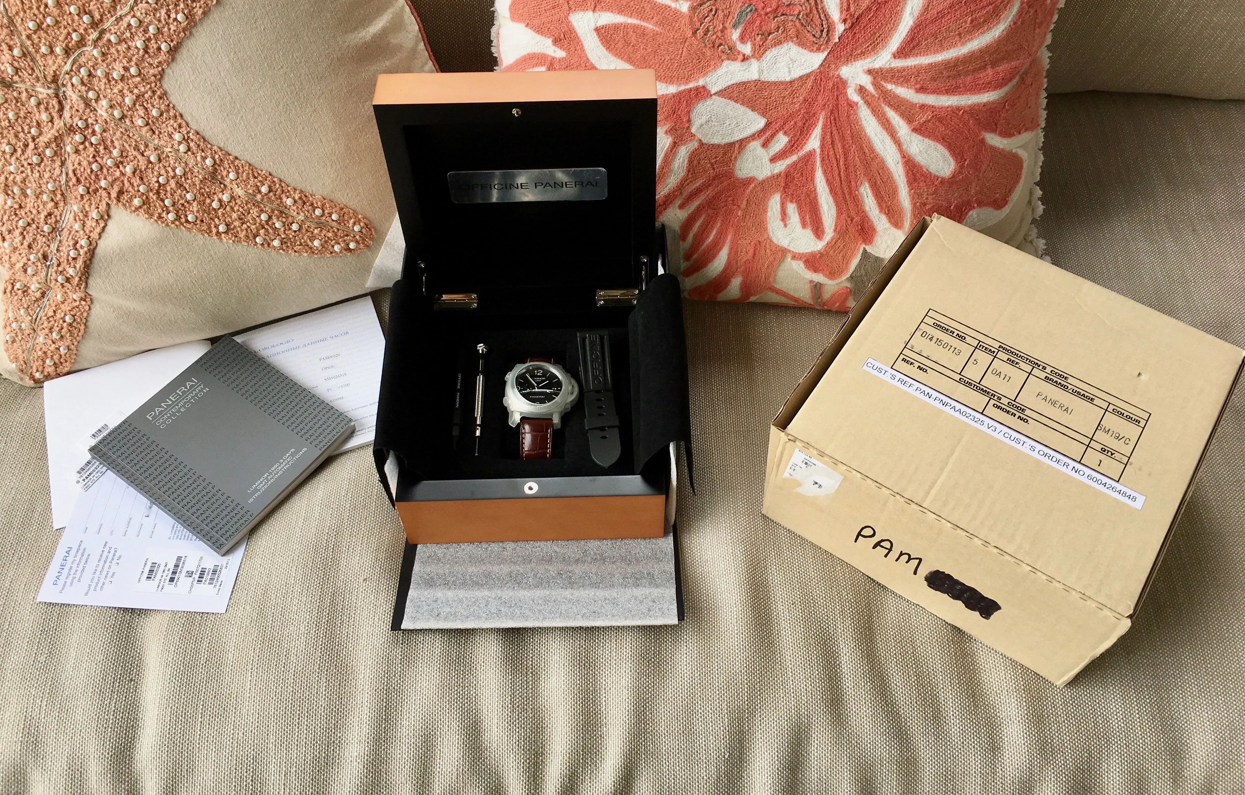 Panerai Luminor 1950 PAM 320 44mm 3 Days GMT Power Reserve Brown Wristwatch Box & Papers