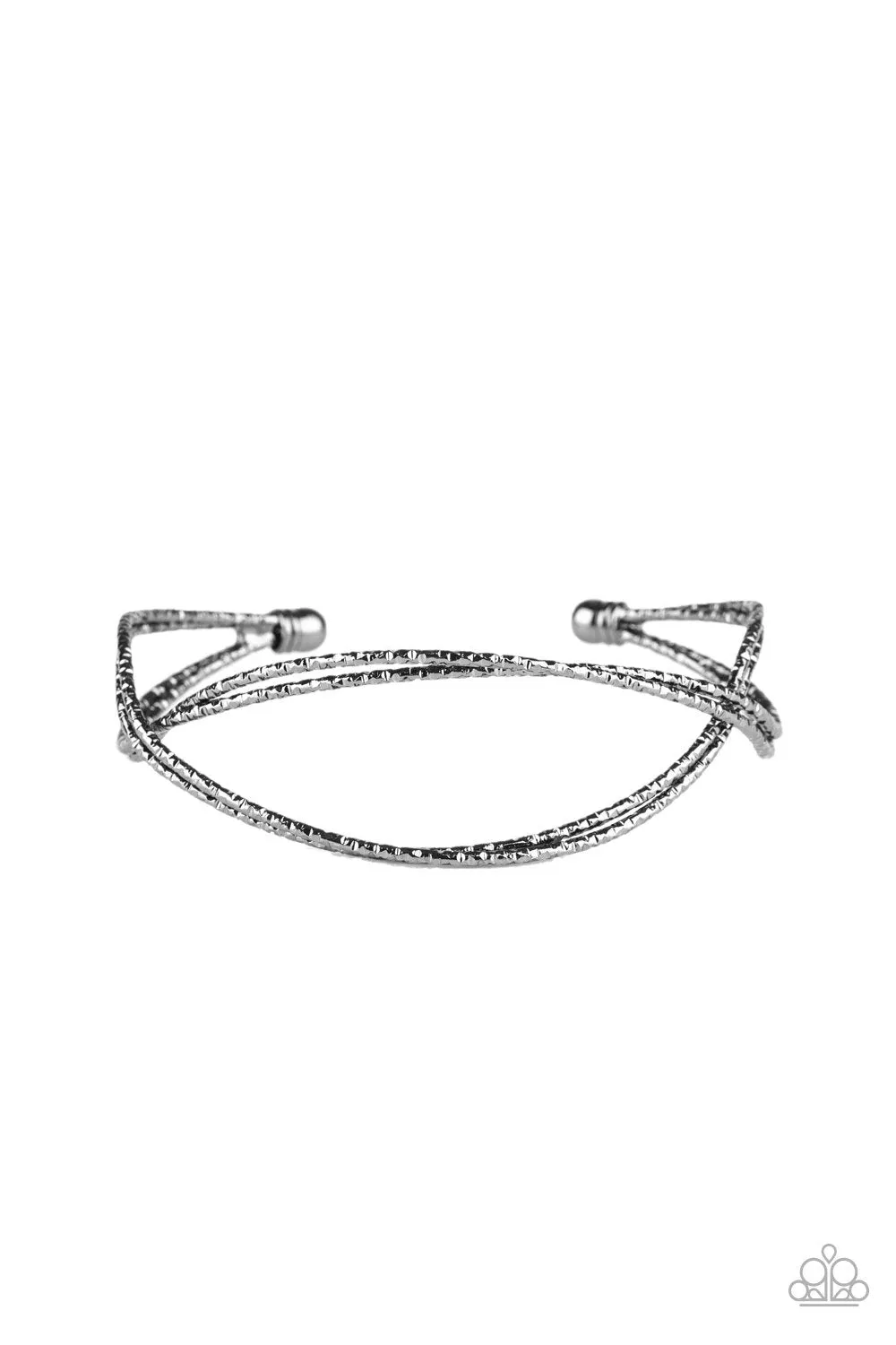 Paparazzi " Bending Over Backwards " Black Metal Crisscross Diamond Cut Cuff Bracelet
