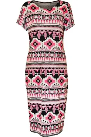 Plus Size Short Sleeve Fluorescent Pink Midi Dress