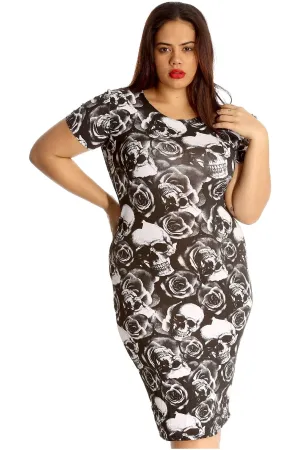 Plus Size Short Sleeve Skull Roses Print Midi Dress