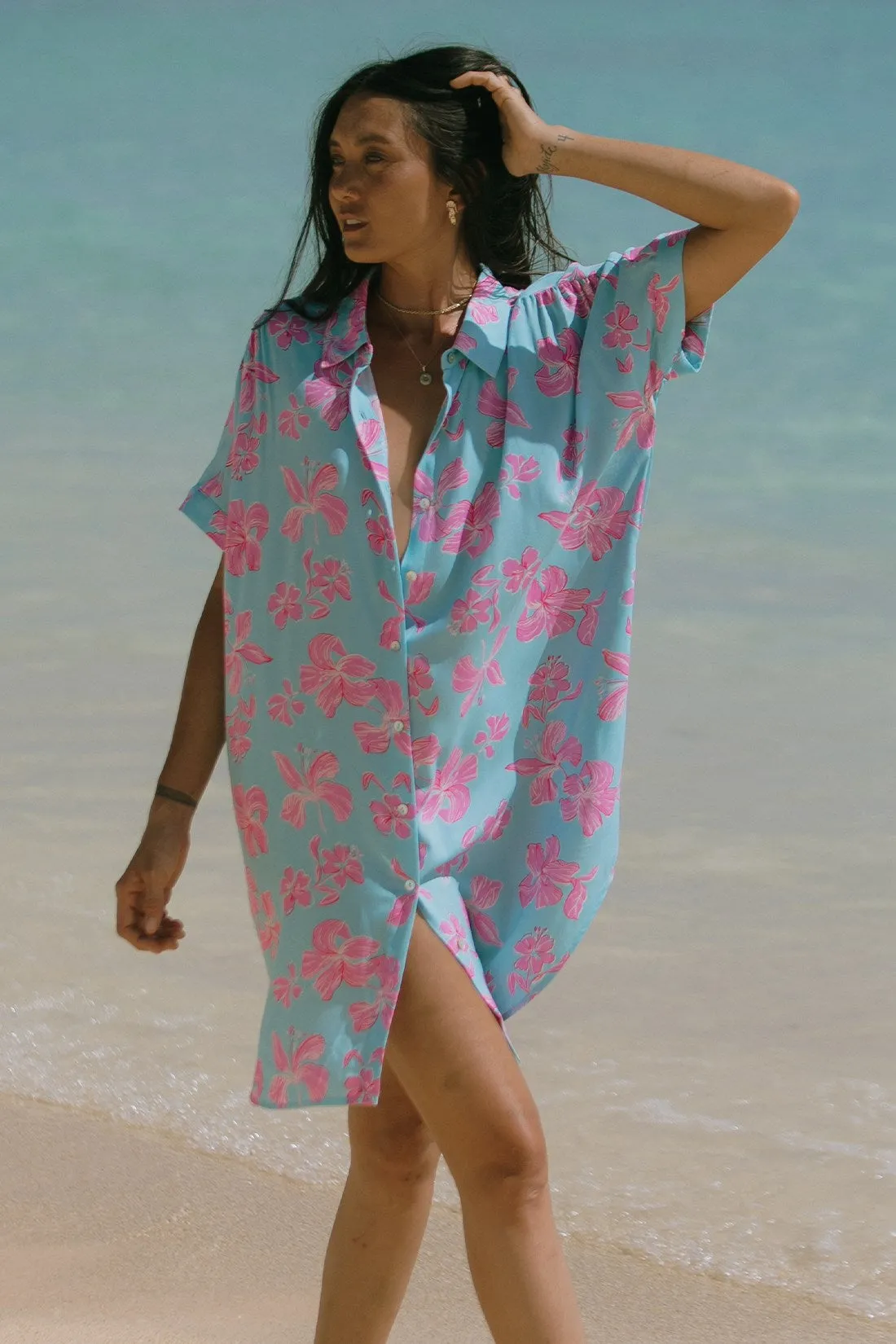 Printed Short-Sleeve Shirt Dress-Kihei