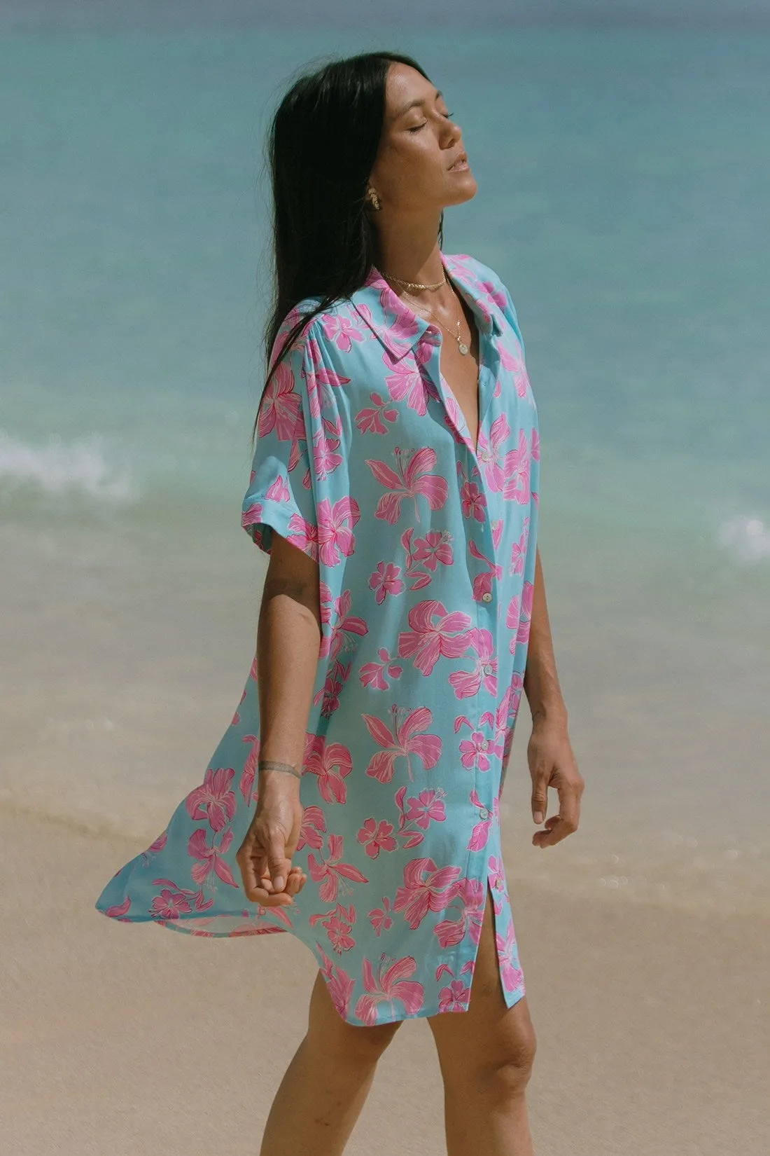 Printed Short-Sleeve Shirt Dress-Kihei