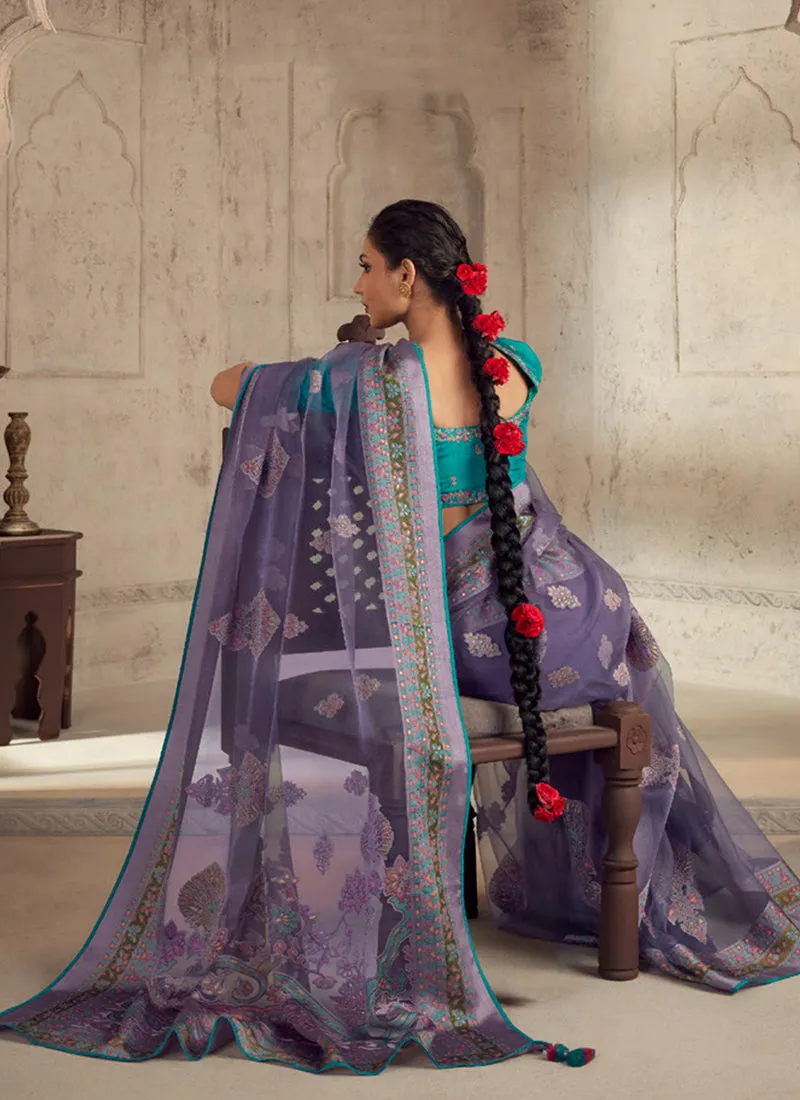 Purple And Blue Traditional Embroidery Organza Silk Saree