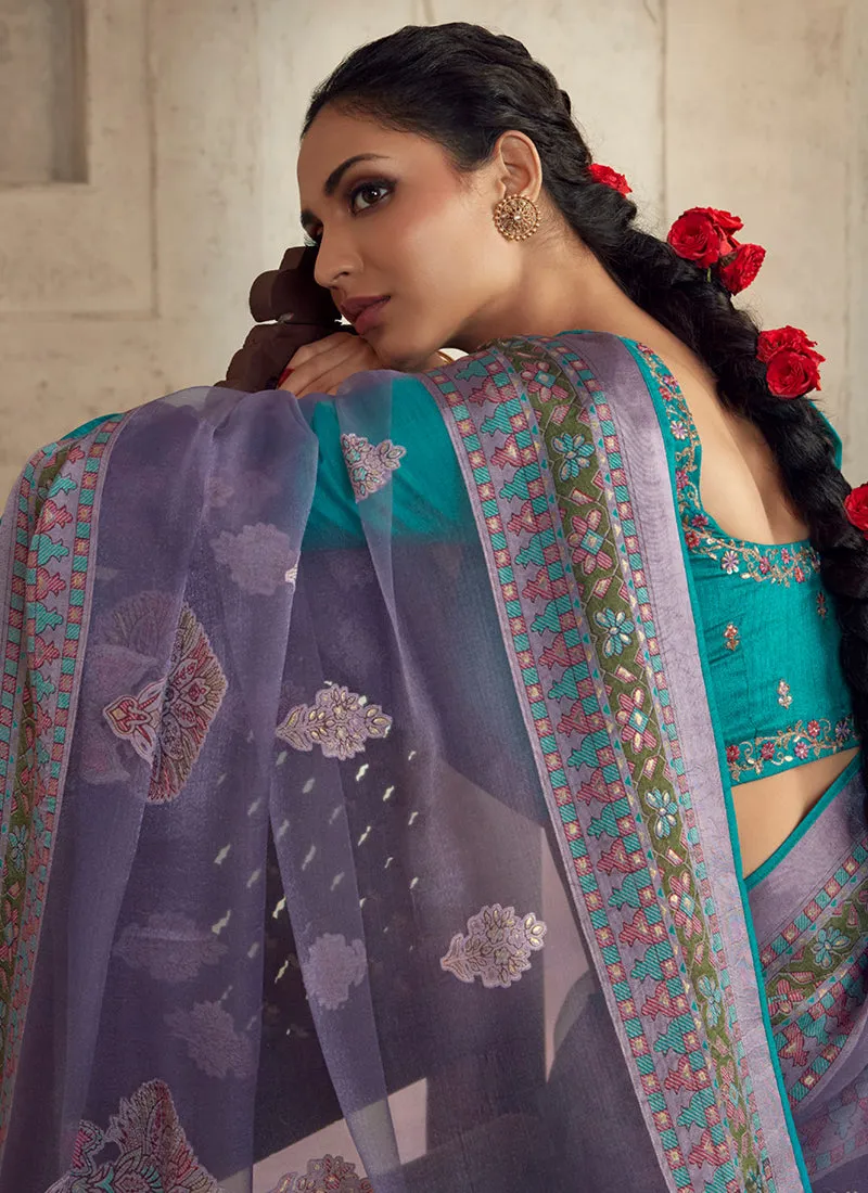 Purple And Blue Traditional Embroidery Organza Silk Saree