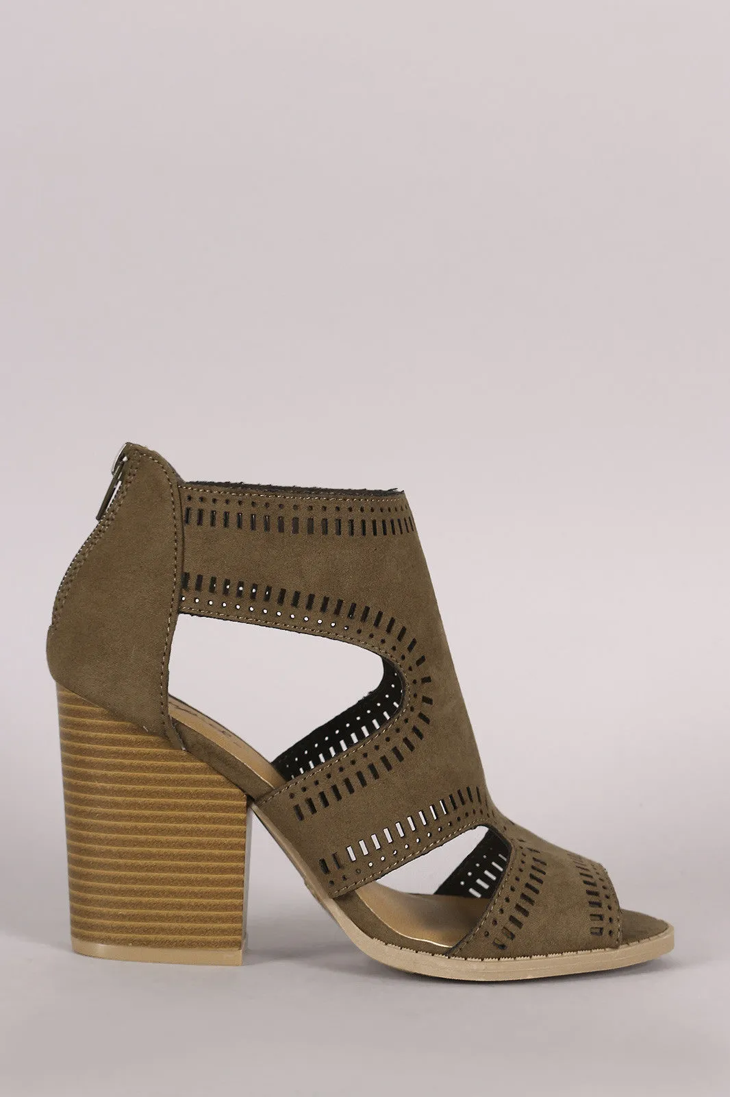 Qupid Perforated Cutout Suede Chunky Heel