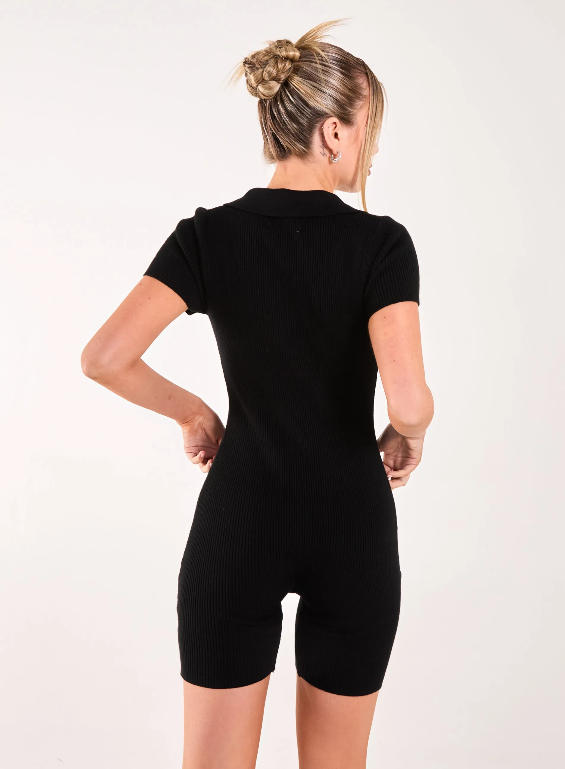 Ribbed Collar Zip Up Unitard