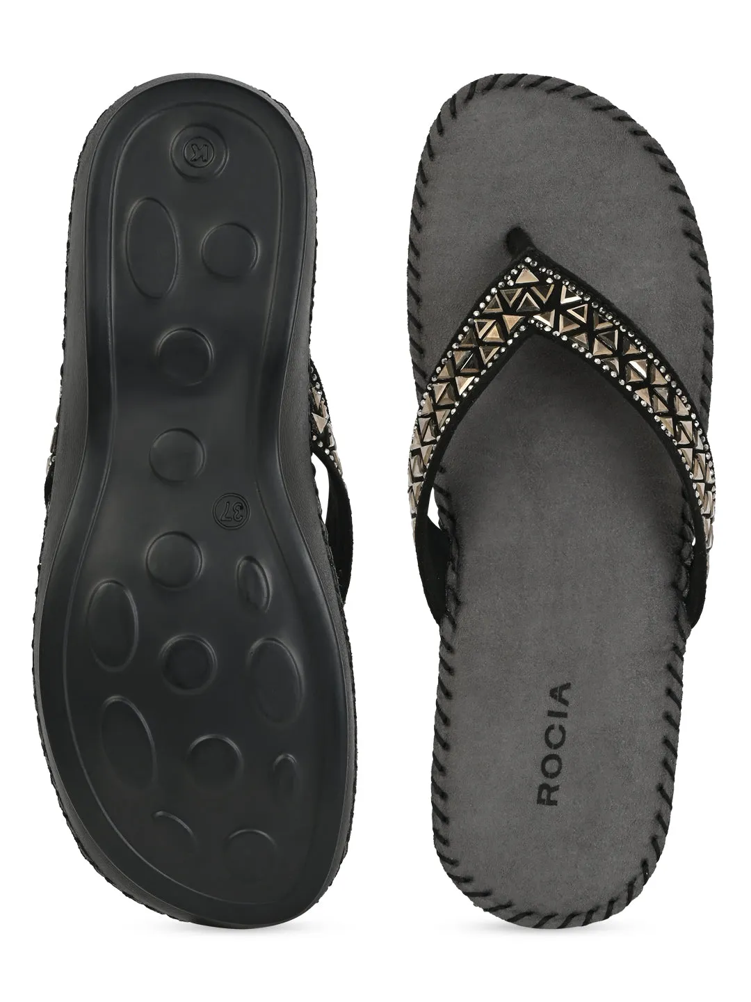 Rocia By Regal Black Women Comfort Diamond Thongs