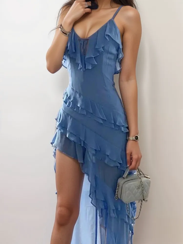 Ruffle Asymmetrical Dress | Light Blue | Flowy and Feminine Party Style