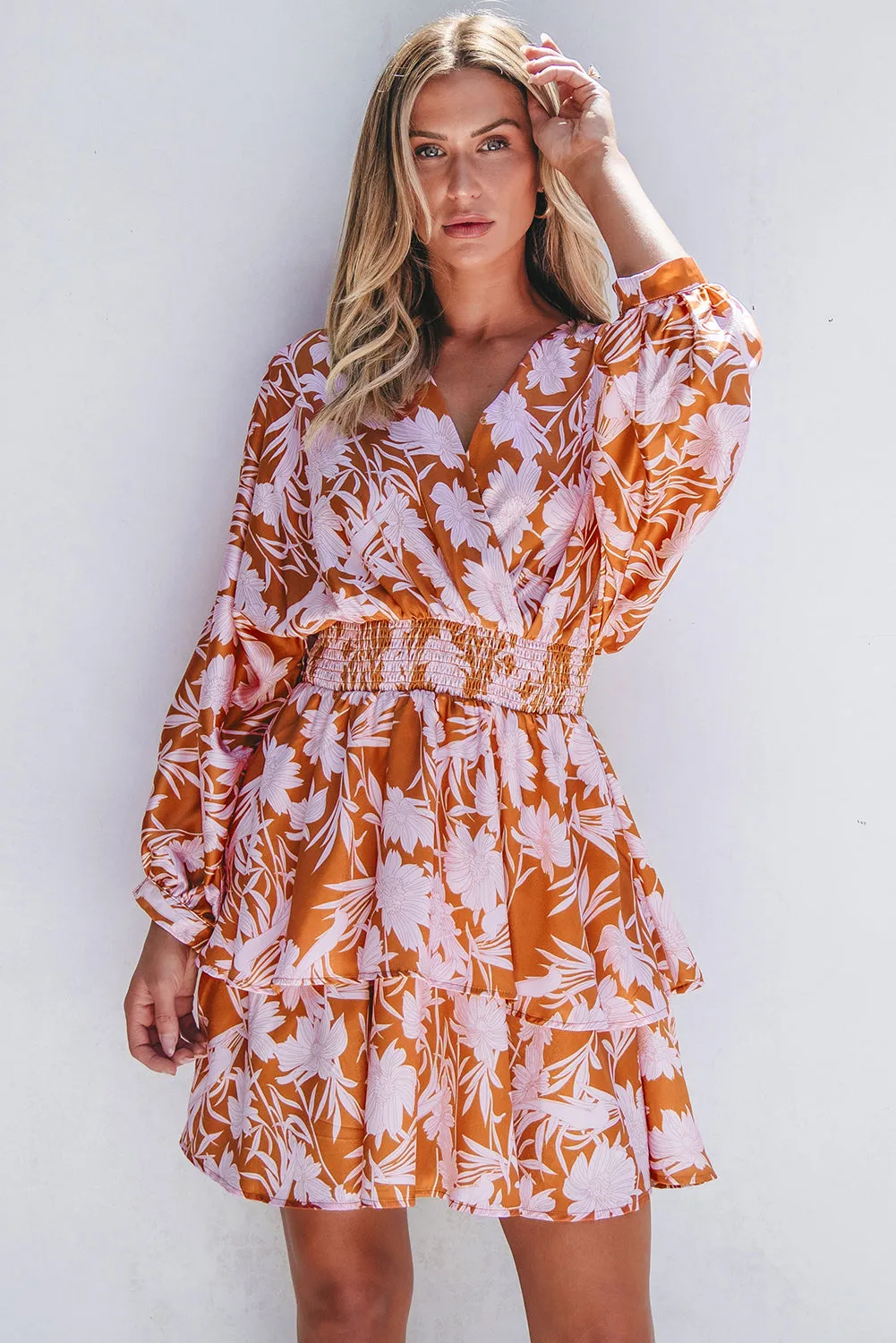Rust & Pink Floral Puff Sleeve Smocked Waist Layered Dress