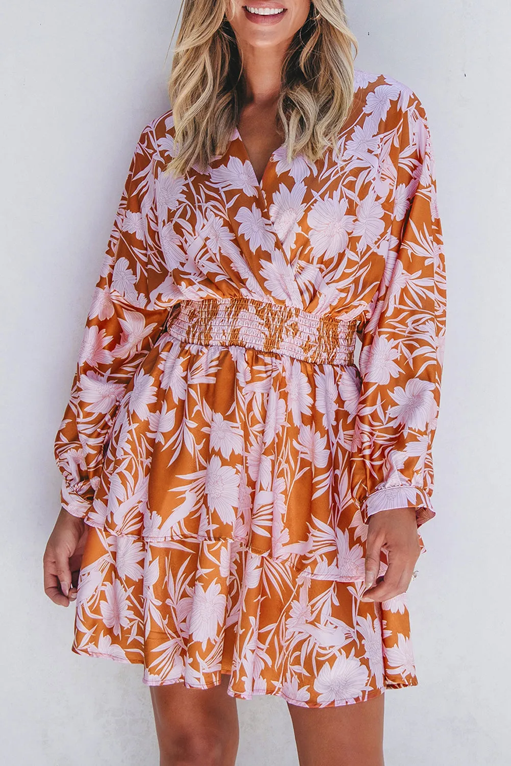 Rust & Pink Floral Puff Sleeve Smocked Waist Layered Dress