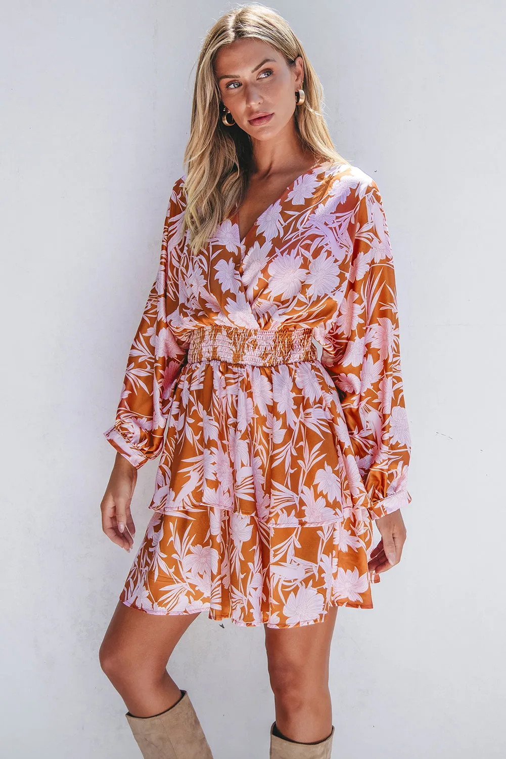 Rust & Pink Floral Puff Sleeve Smocked Waist Layered Dress