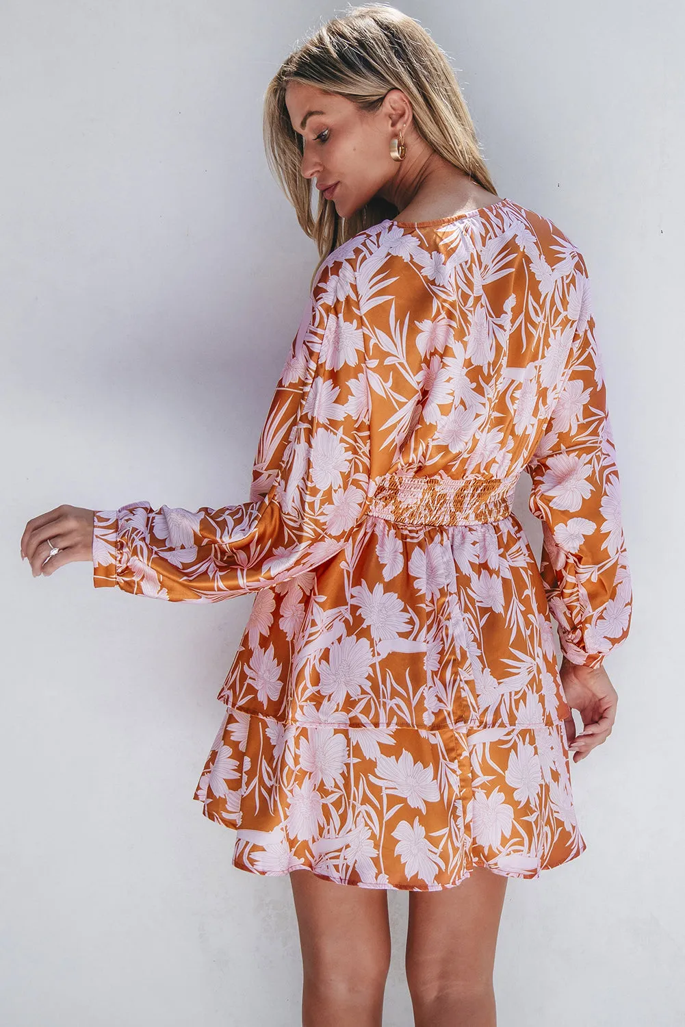 Rust & Pink Floral Puff Sleeve Smocked Waist Layered Dress
