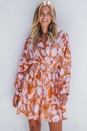 Rust & Pink Floral Puff Sleeve Smocked Waist Layered Dress