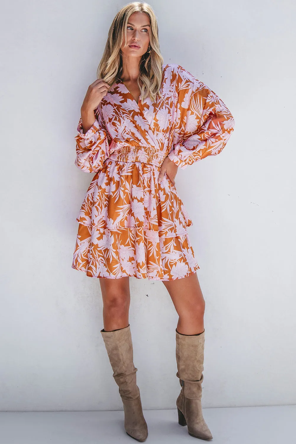 Rust & Pink Floral Puff Sleeve Smocked Waist Layered Dress