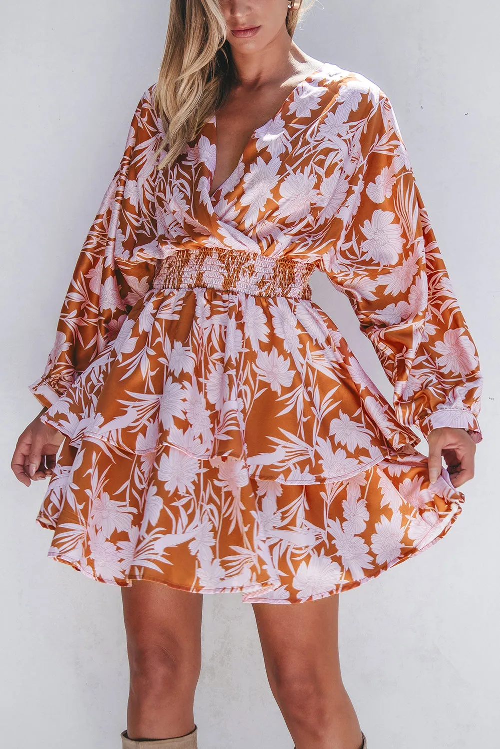 Rust & Pink Floral Puff Sleeve Smocked Waist Layered Dress