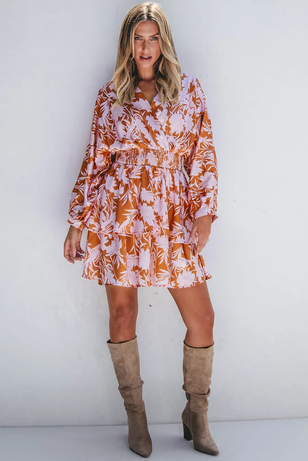 Rust & Pink Floral Puff Sleeve Smocked Waist Layered Dress