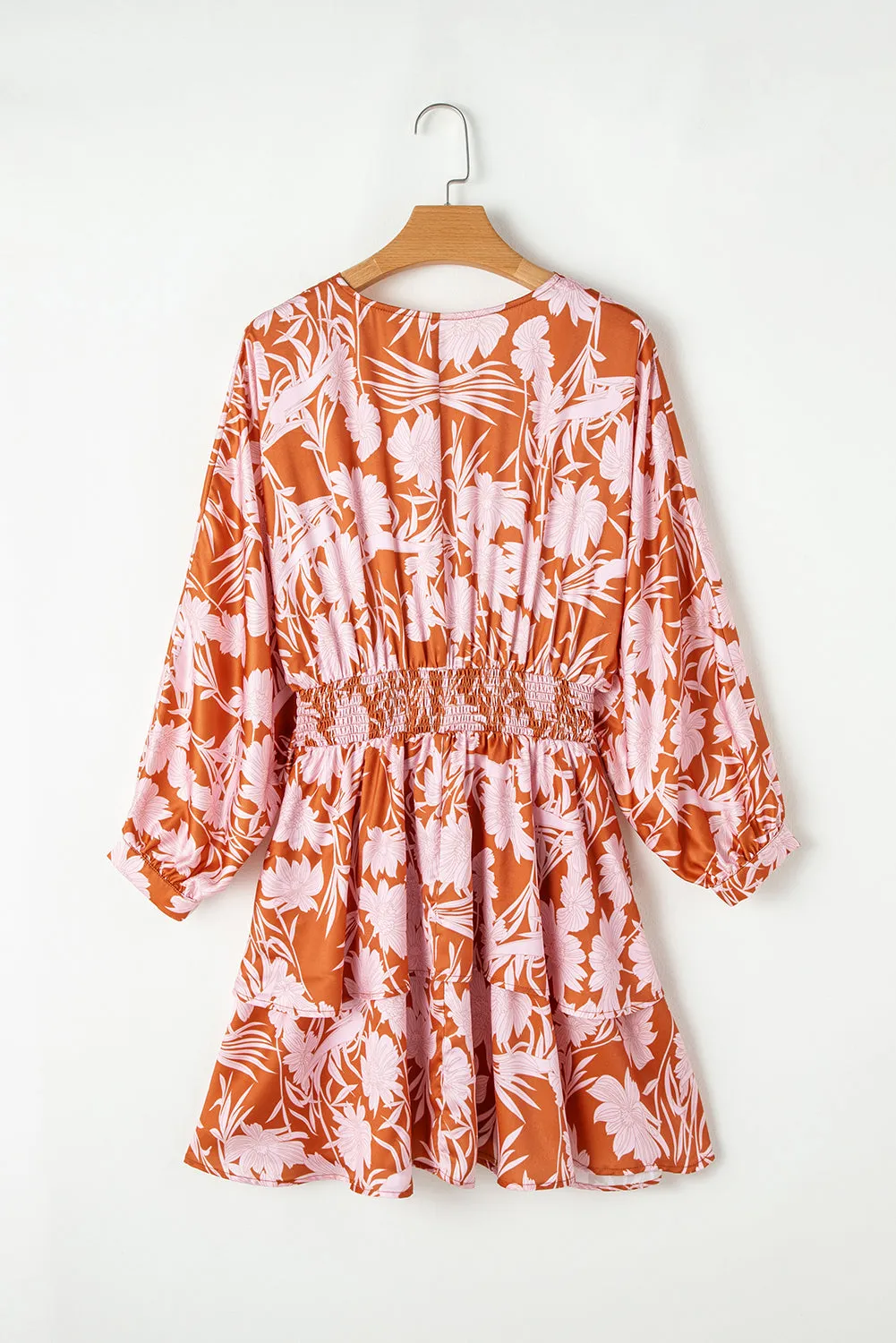 Rust & Pink Floral Puff Sleeve Smocked Waist Layered Dress