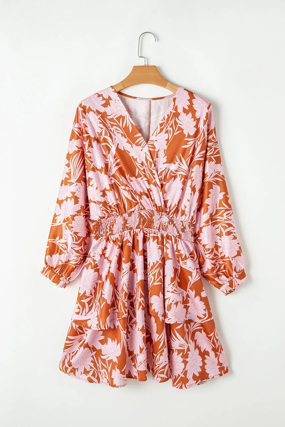 Rust & Pink Floral Puff Sleeve Smocked Waist Layered Dress