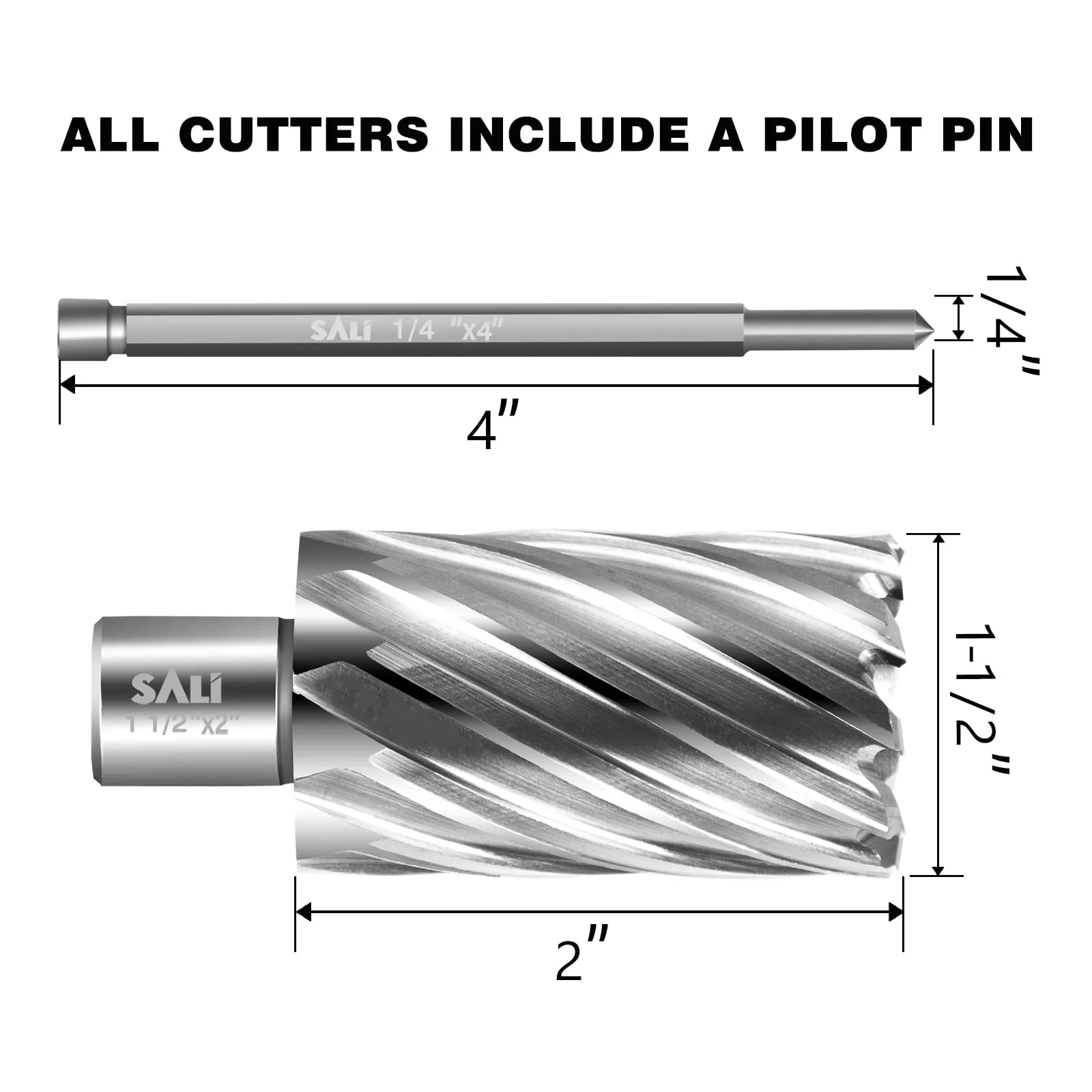 SALI Annular Cutter Diameter 1-1/2 Inch with Weldon Shank 3/4" (with 2 Flats) Cutting Depth 2" Mag Drill Bit for Magnetic Drill Press HSS Fully Ground Drill with One 1/4"*4" Pilot Pin