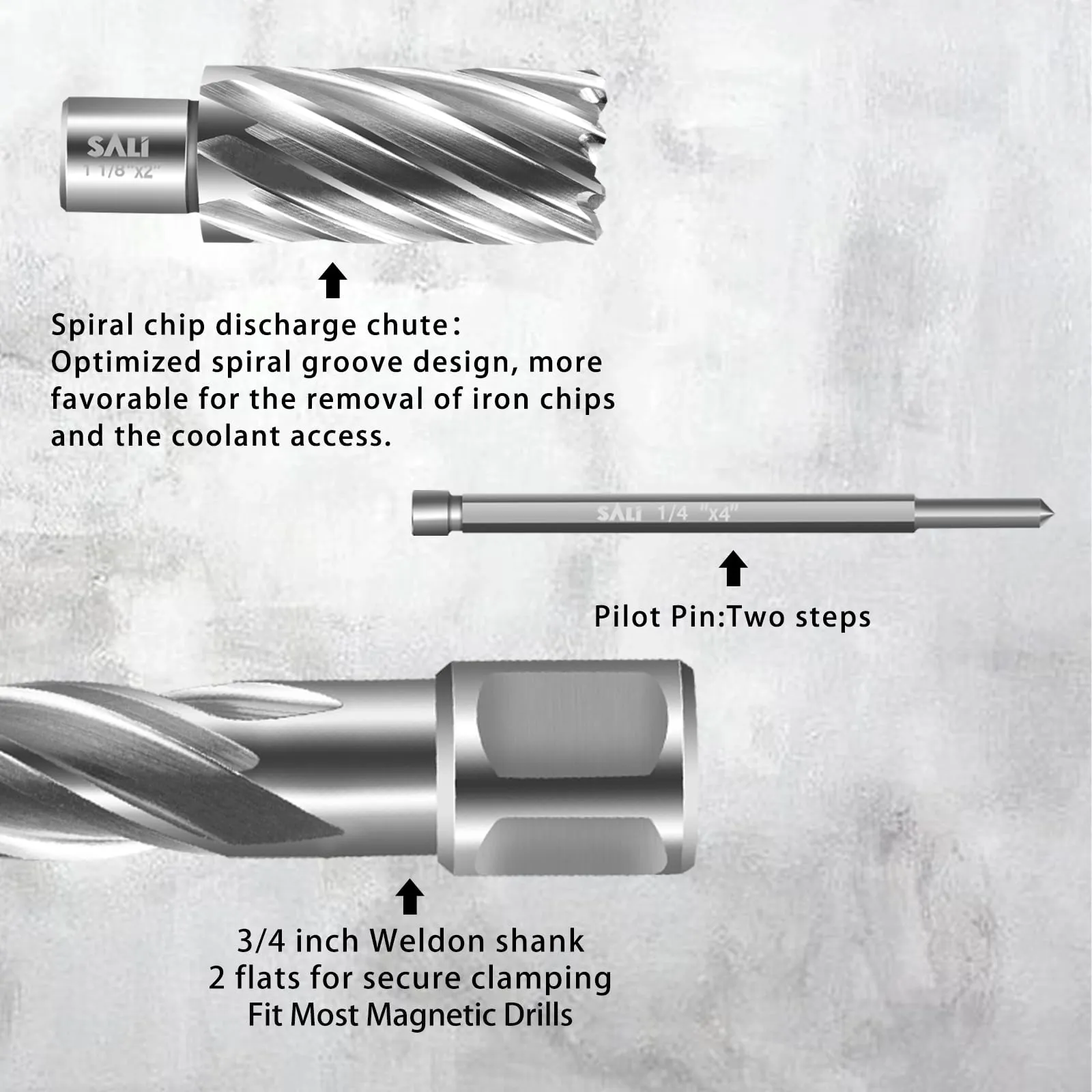 SALI Annular Cutter Diameter 1-1/2 Inch with Weldon Shank 3/4" (with 2 Flats) Cutting Depth 2" Mag Drill Bit for Magnetic Drill Press HSS Fully Ground Drill with One 1/4"*4" Pilot Pin