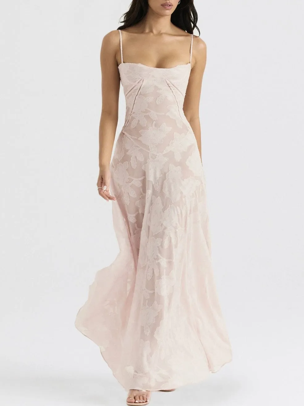Seren Soft Pink Floral Lace Back Maxi Dress