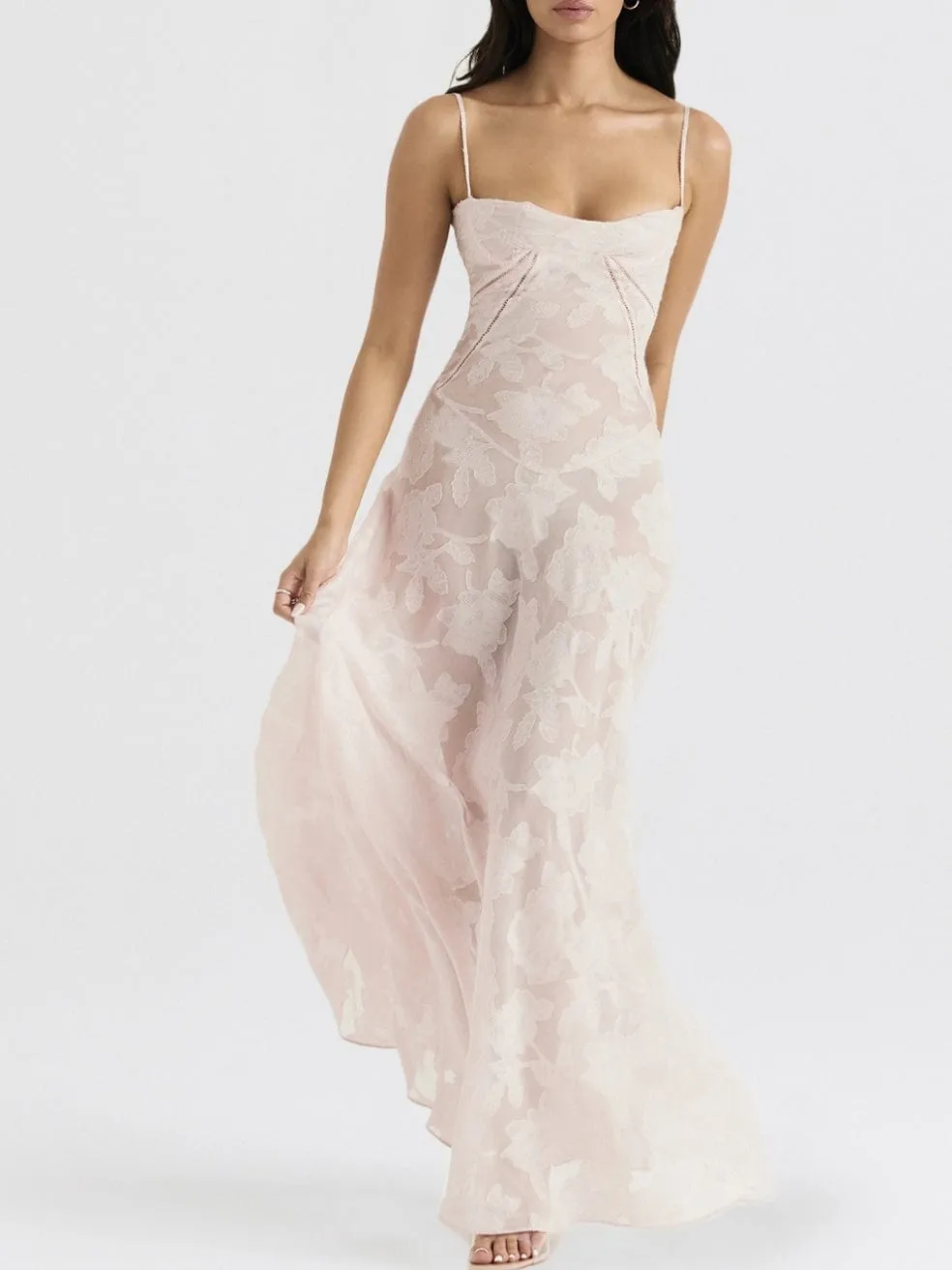 Seren Soft Pink Floral Lace Back Maxi Dress