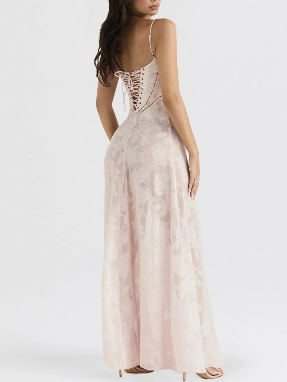 Seren Soft Pink Floral Lace Back Maxi Dress