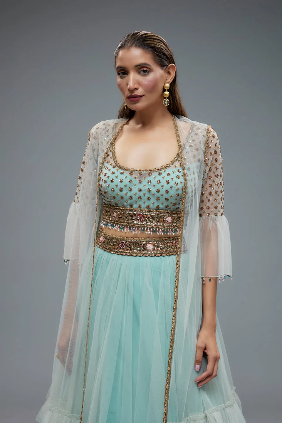 Sky Blue Jacket Lehenga Set