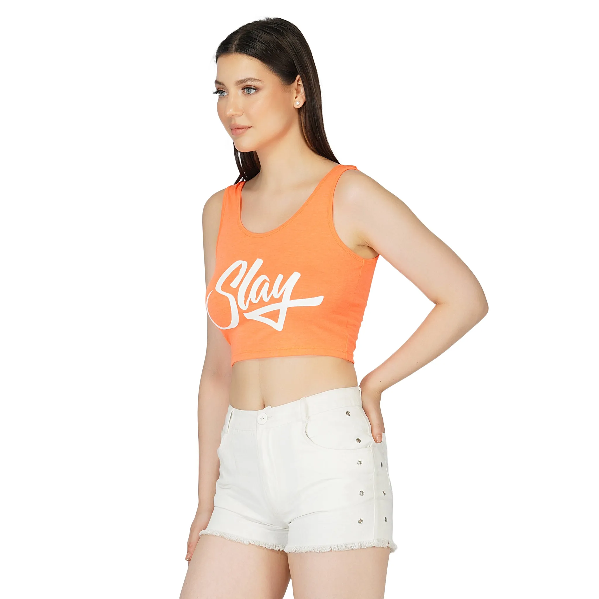 SLAY. Women's Neon Orange Printed Crop Top