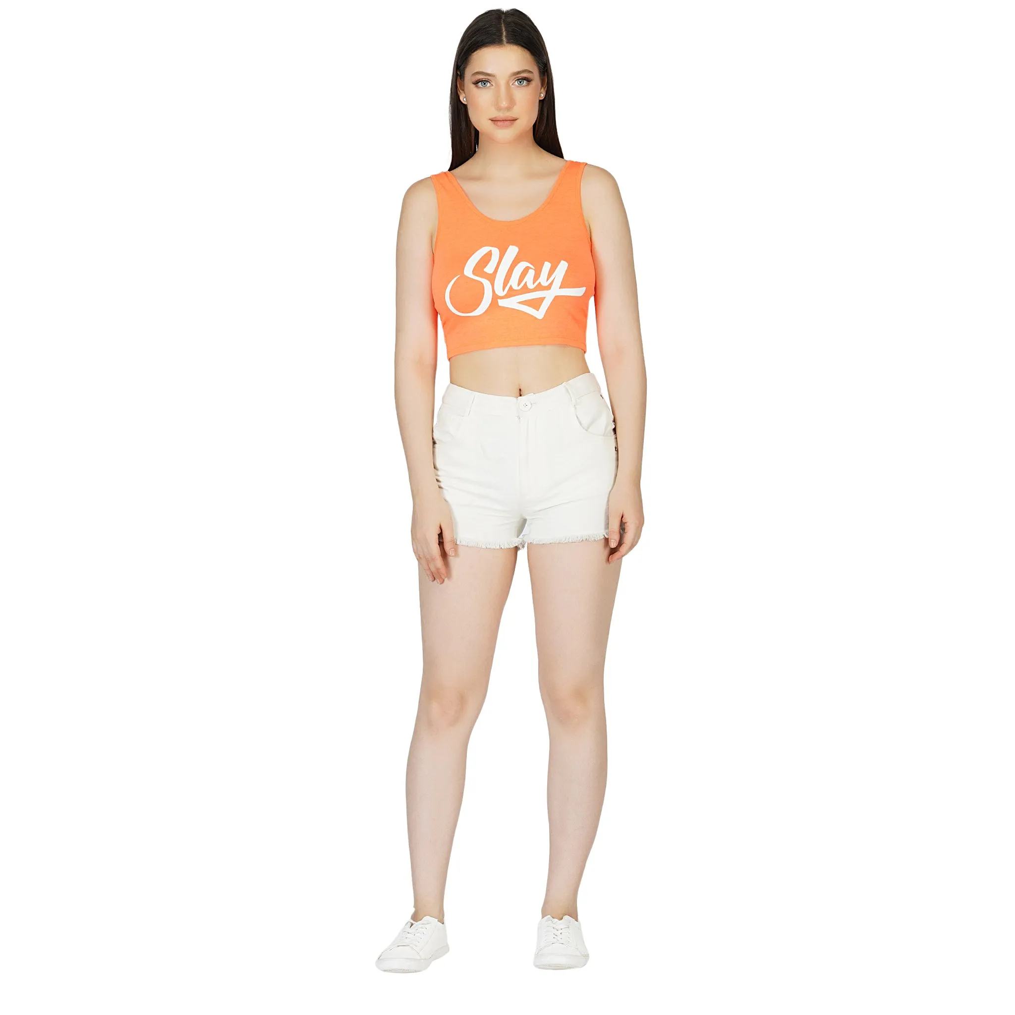 SLAY. Women's Neon Orange Printed Crop Top