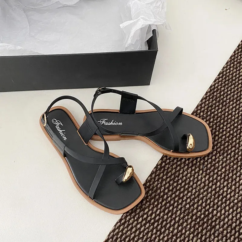 Square open Toe Loop Flat Sandals