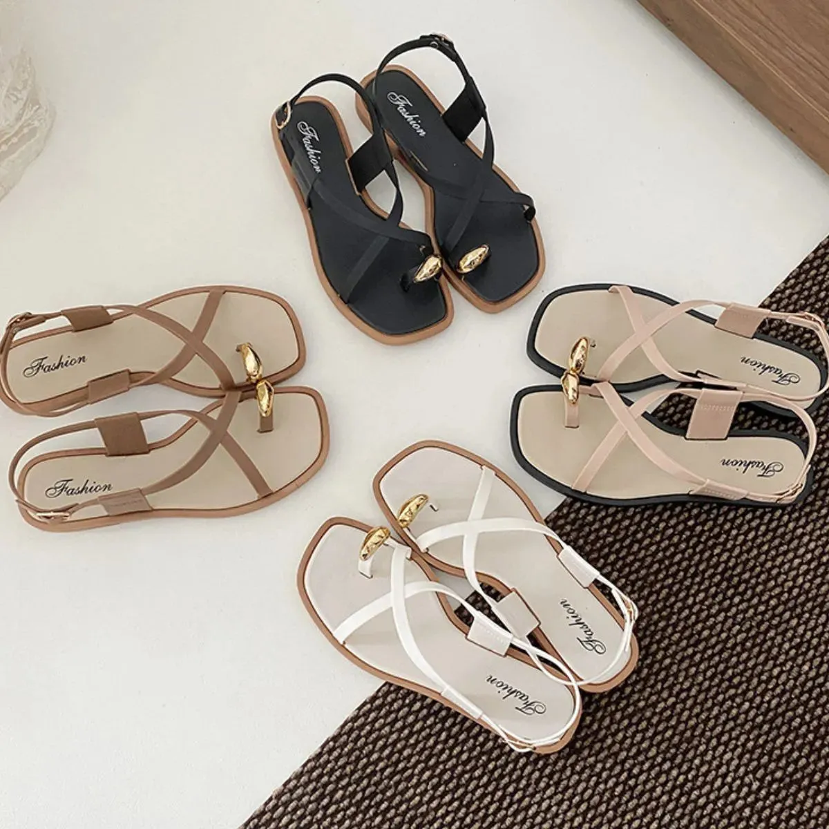 Square open Toe Loop Flat Sandals