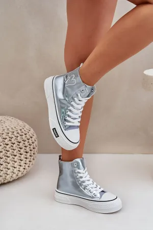 Step in style Women's High Top Platform Silver Sneakers with Heart