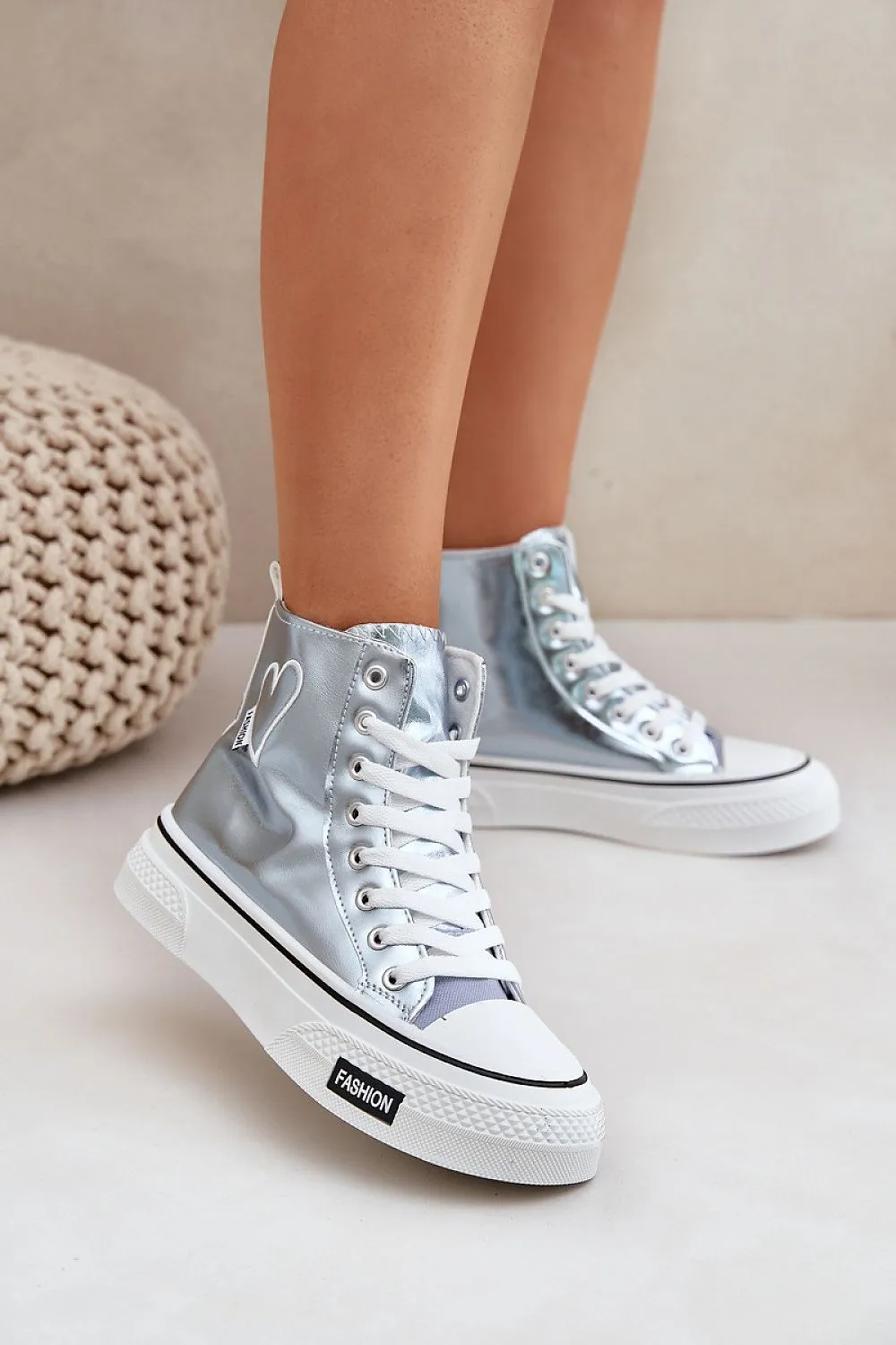 Step in style Women's High Top Platform Silver Sneakers with Heart