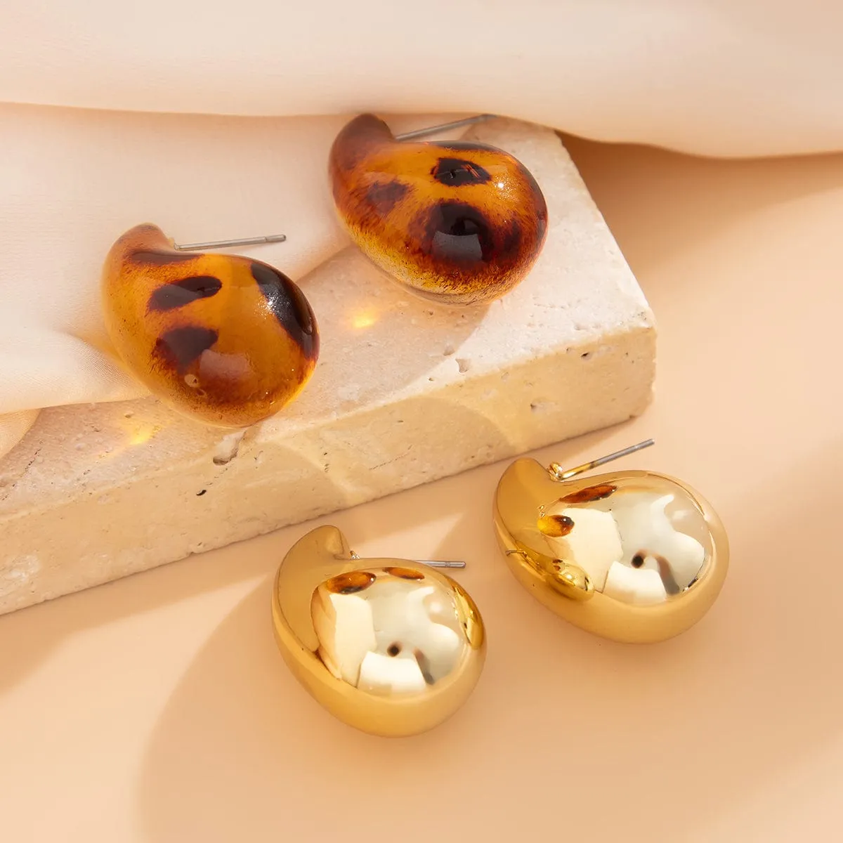 Trendy 2 Pairs Leopard Waterdrop Resin Stud Earrings Set