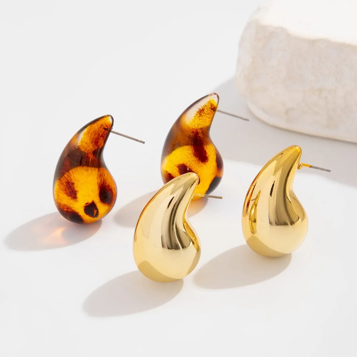 Trendy 2 Pairs Leopard Waterdrop Resin Stud Earrings Set