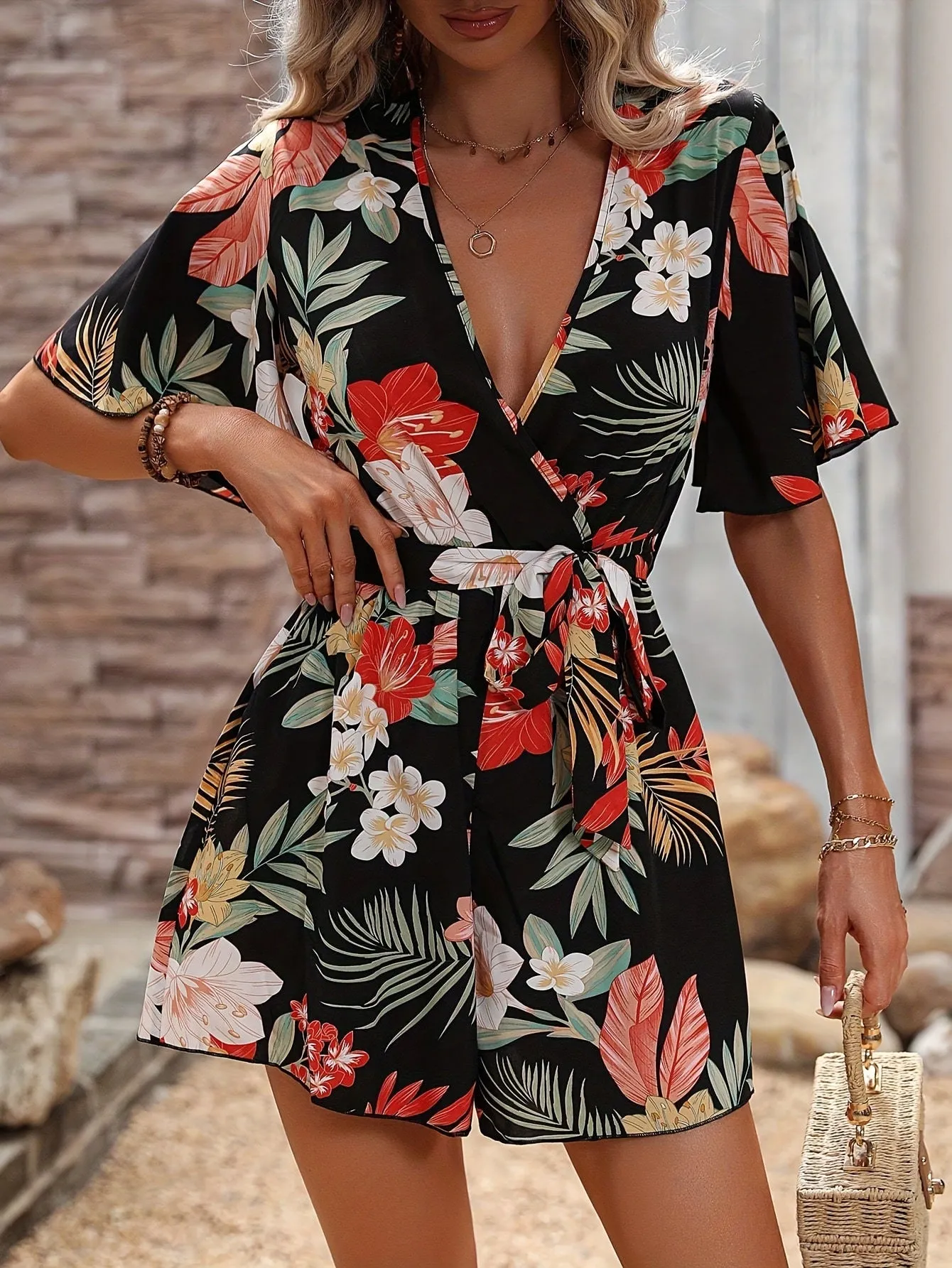 Tropical Escape Wrap-Front Belted Romper with Flowy Sleeves