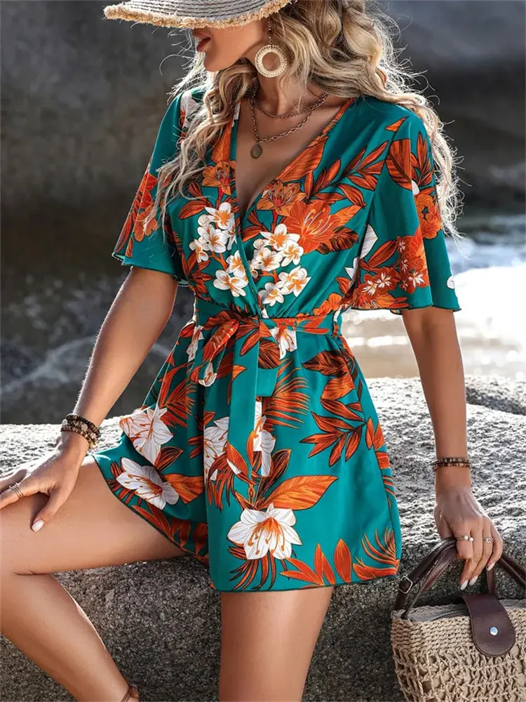 Tropical Escape Wrap-Front Belted Romper with Flowy Sleeves