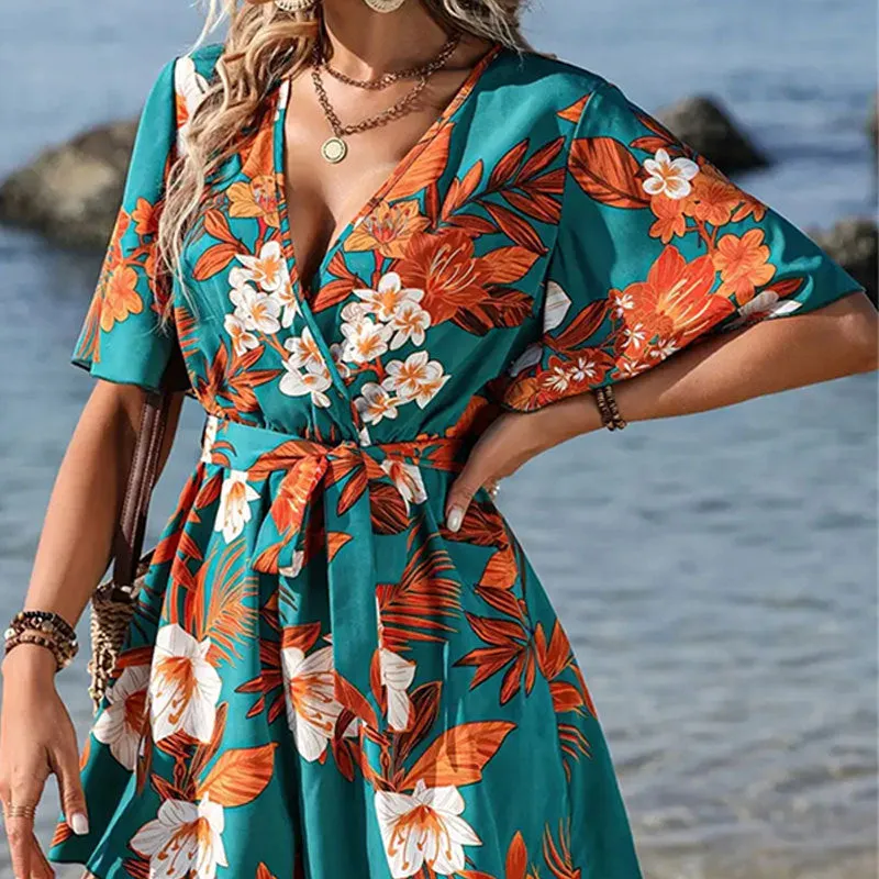 Tropical Escape Wrap-Front Belted Romper with Flowy Sleeves