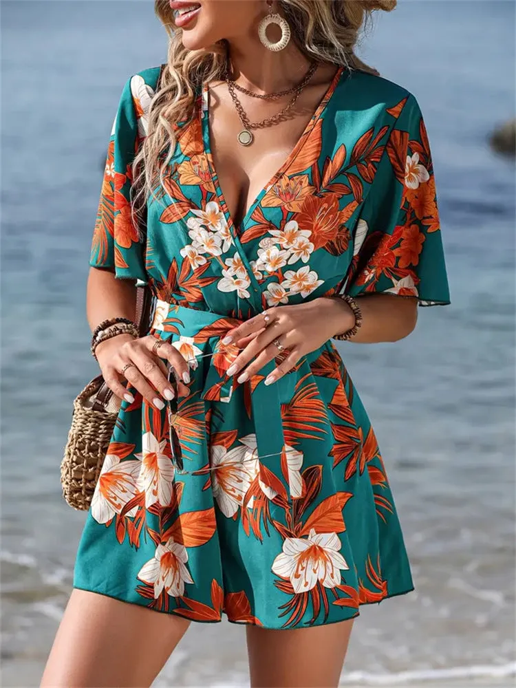 Tropical Escape Wrap-Front Belted Romper with Flowy Sleeves