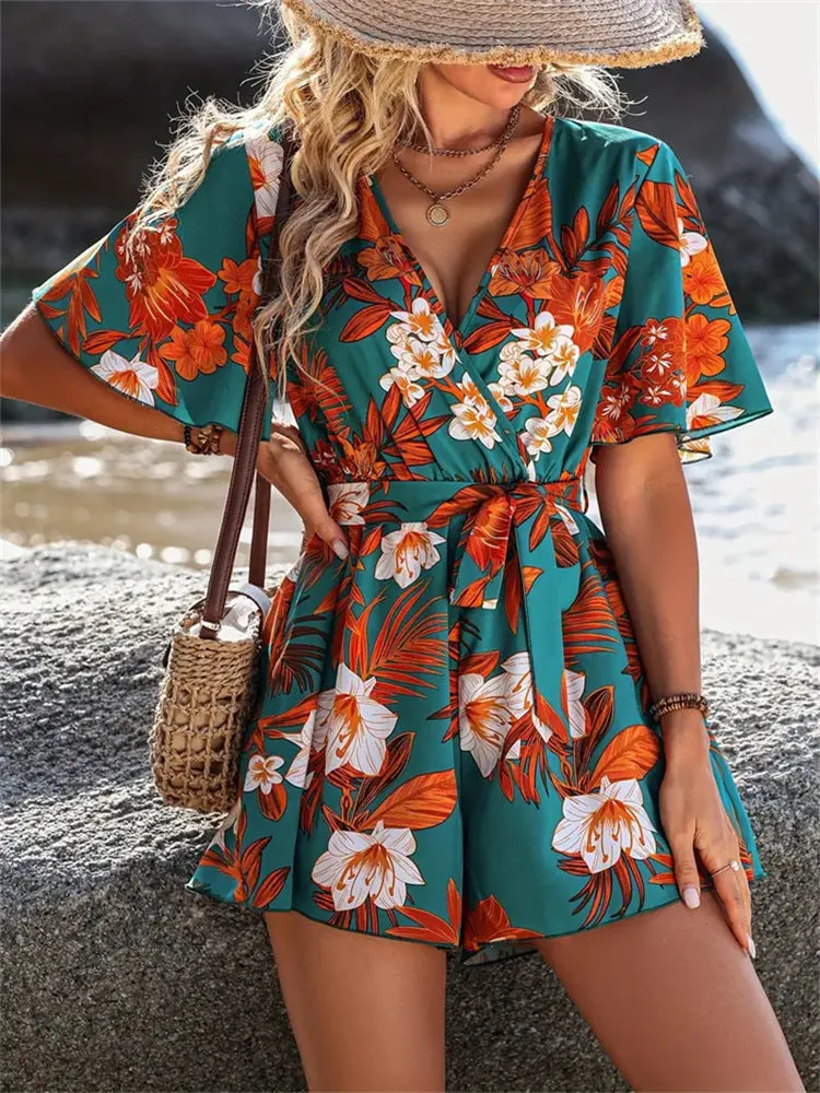 Tropical Escape Wrap-Front Belted Romper with Flowy Sleeves