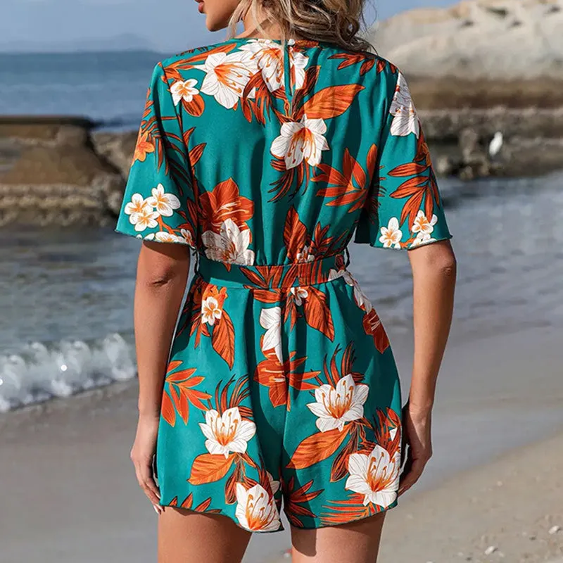 Tropical Escape Wrap-Front Belted Romper with Flowy Sleeves