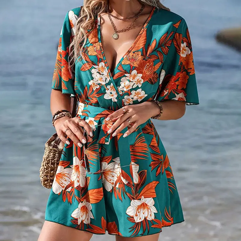 Tropical Escape Wrap-Front Belted Romper with Flowy Sleeves