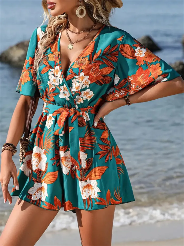 Tropical Escape Wrap-Front Belted Romper with Flowy Sleeves
