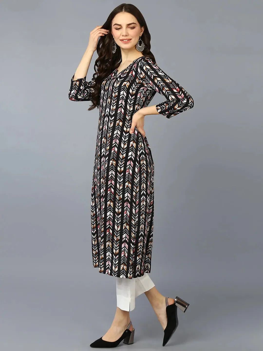 Viscose Rayon Black Printed Straight Kurta-VCK9363_XS