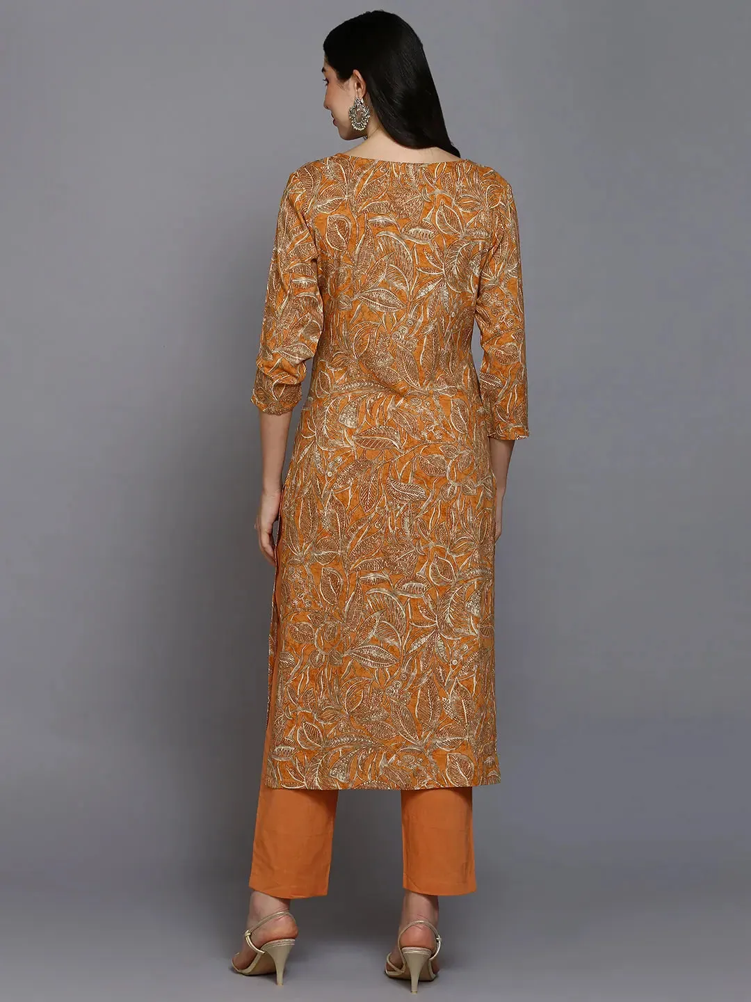 Viscose Rayon Orange Printed Straight Kurta