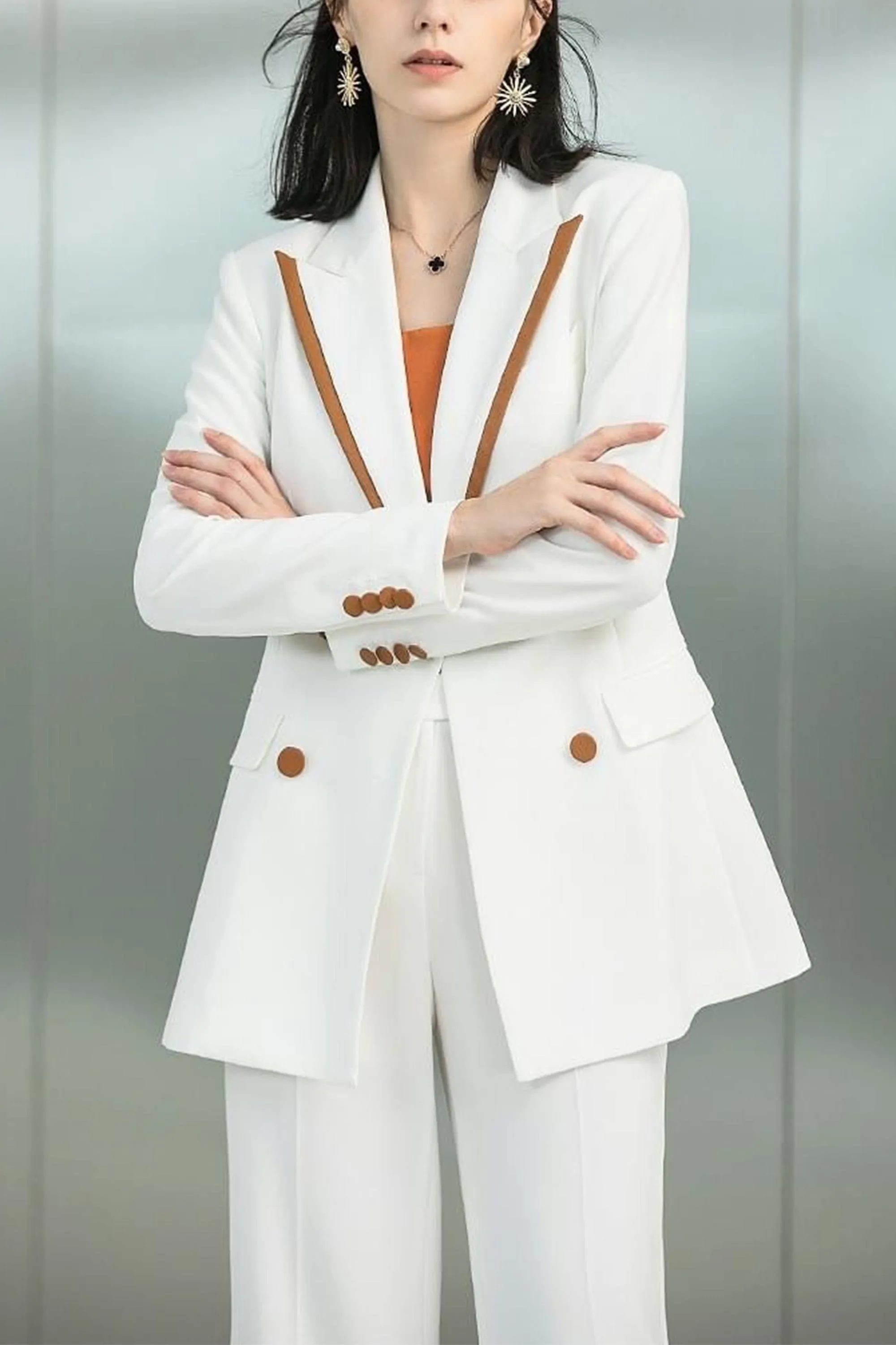 White 2 Piece Single Button Orange Trim Notch Lapel Women Suit