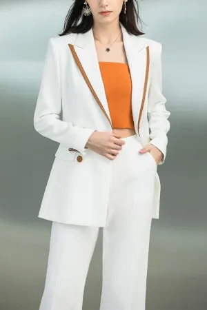White 2 Piece Single Button Orange Trim Notch Lapel Women Suit